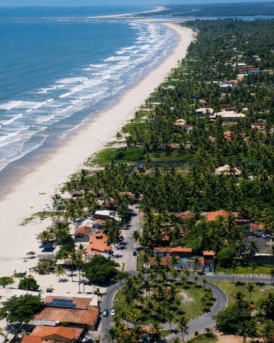 Vista aérea da orla e do casario de Canavieiras