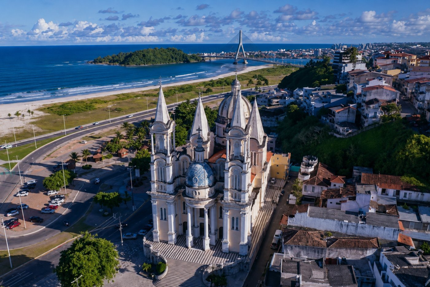 Vista aérea da Catedral de São Sebastião, em Ilhéus, com a praia e a ponte ao fundo